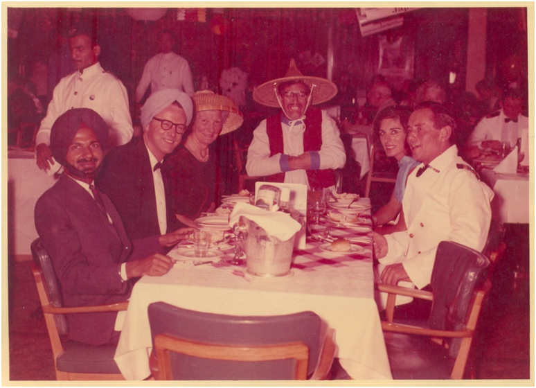 On board SS ORSOVA- 1966. Chief Officer's table with shipmates.